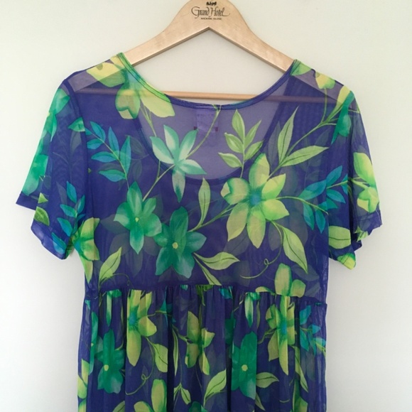 VTG Cole of California Blue Green Floral Mesh Sheer Cover Up Babydoll Dress M/L - Picture 7 of 14
